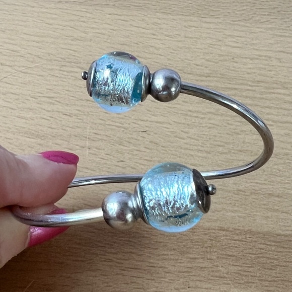 VINTAGE STERLING SILVER COIL WRAP CUFF BRACELET FROSTED AQUA BLUE MURANO GLASS - Picture 14 of 16